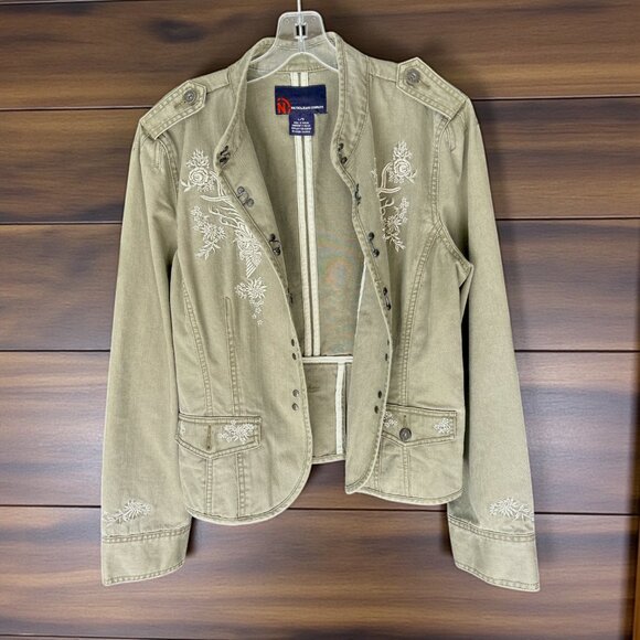 Nautica Jeans Military Olive Jacket L Embroidered Floral Cotton 90s Vintage - Picture 2 of 6